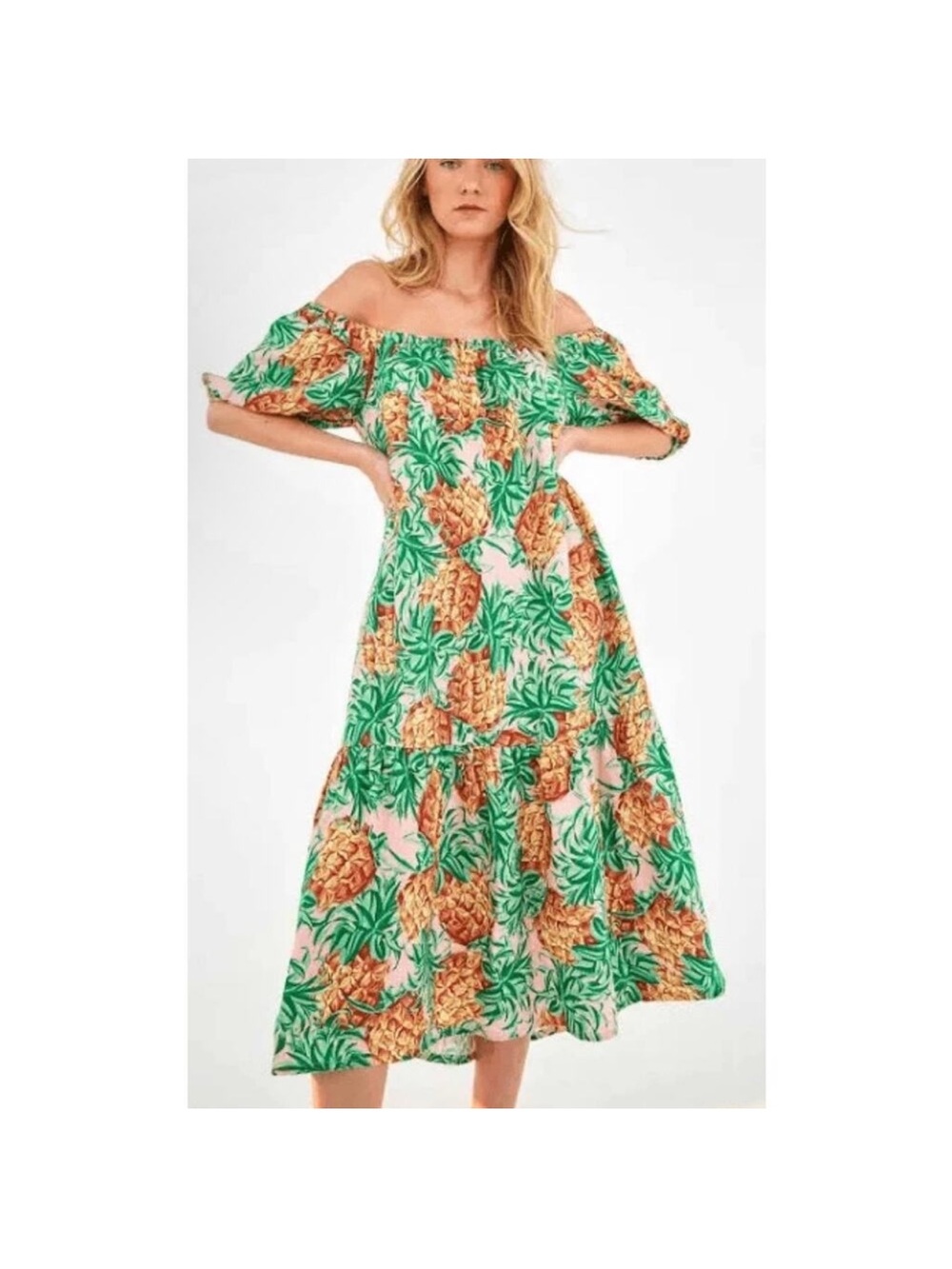 FARM Rio Pink Pineapple-Print Puff-Sleeve Maxi Dress